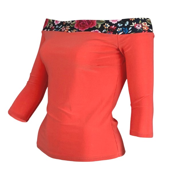 Blusa naranja con escote Bardot de tela elástica ZORONGO 03