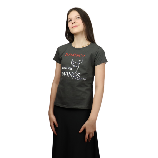 Camiseta infantil "Flamenco Gives me Wings". Gris oscuro/blanco